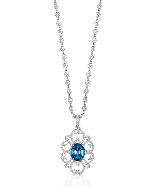 Personalized Pendant Necklaces-London Blue Topaz Swirl Necklace with Diamonds 504-JSA