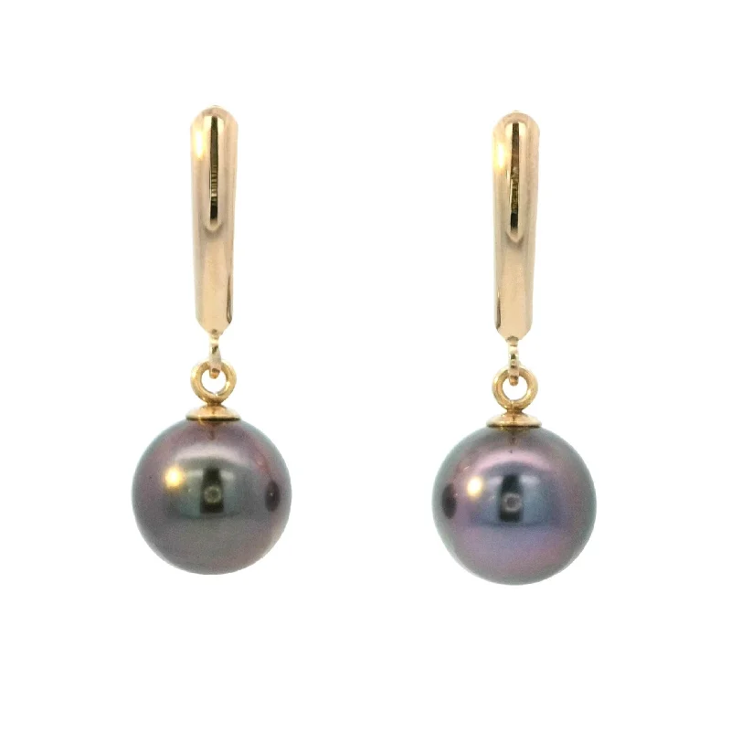 Crystal Heart Earrings-Tahitian Pearl Leverback Dangle Earrings in Yellow Gold