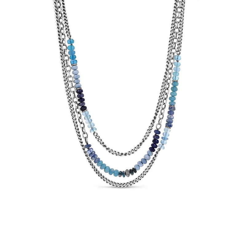 Gold Choker Necklaces-Ocean Reverence Blue Bead & Multi Chain Layer Necklace with Pave Diamond Beads  N0002789