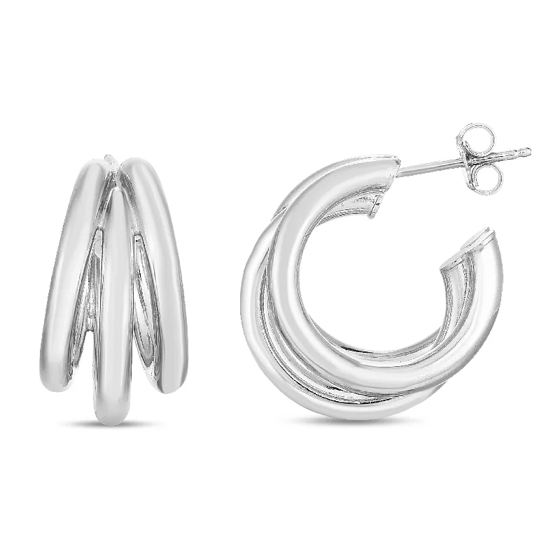 Silver Drop Stud Earrings-Silver 21mm Triple Barrelled Hoops