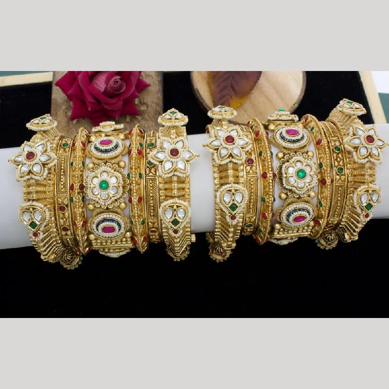 Bangles With Hinged Lock-JCM Gold Plated Pota Stone And Pearls Openable Bangles Set