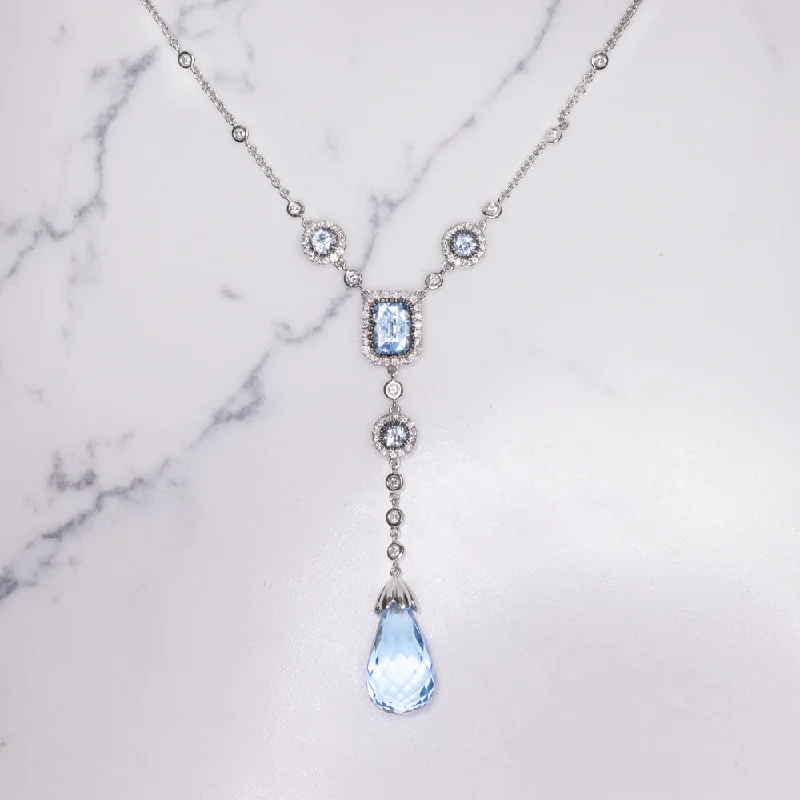 Long Gold Necklaces-BLUE TOPAZ DIAMOND LARIAT NECKLACE 14k WHITE GOLD BRIOLETTE DROP HALO NATURAL