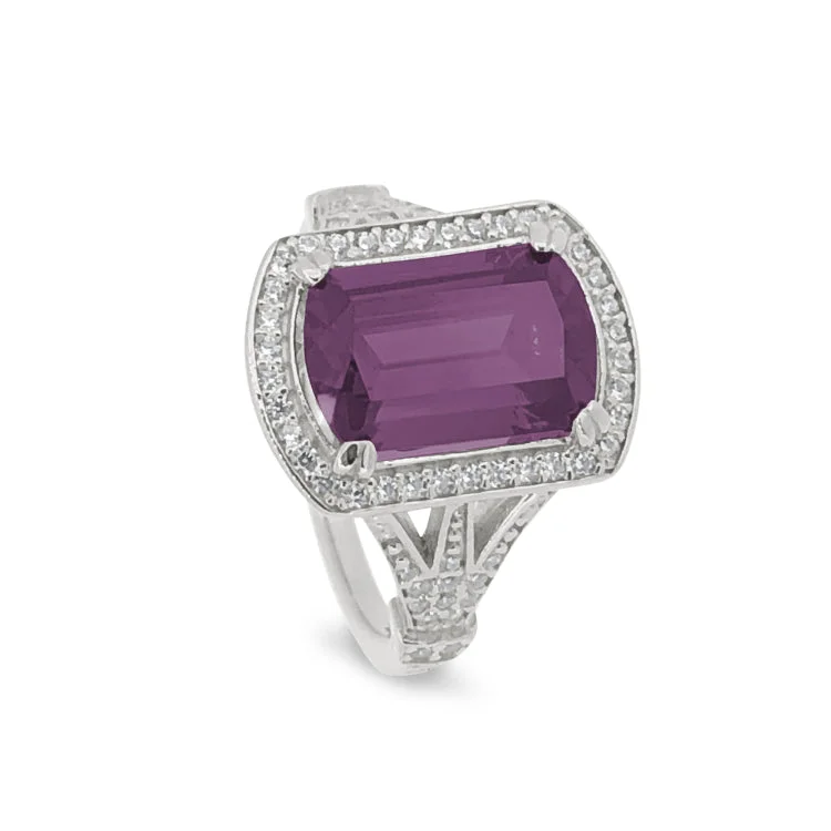 Gold Plated Rings-Platinum Finish Sterling Silver Micropave Emerald Cut Pink Stone Ring with Simulated Diamongs