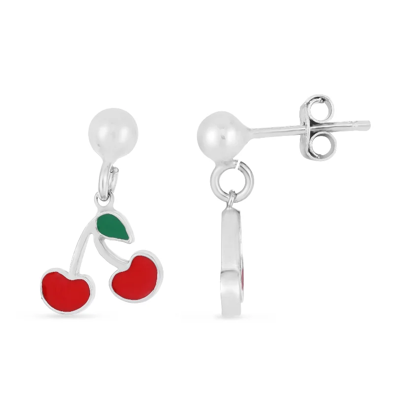 Matching Earrings Set-Silver Enamel Cherry Drop Earrings