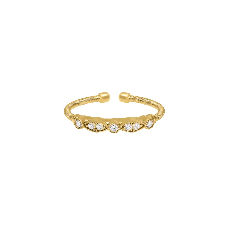 Women’s Platinum Rings-Gold Finish Sterling Silver Cable Cuff Ring with Simulated Diamond Marquis & Round Design