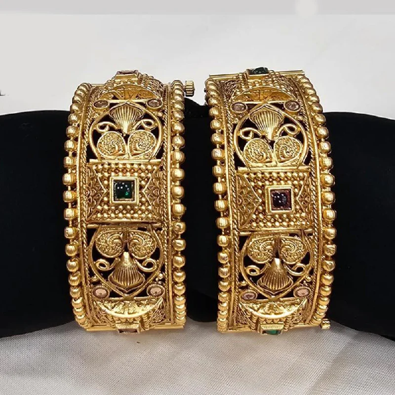 Bangles For Elegant Dinners-FS Collection Gold Plated Pota Stone Openable Bangle Set