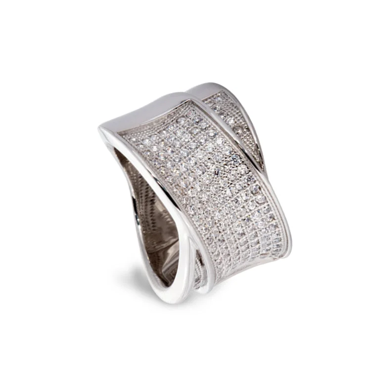 Personalized Rings For Women-Platinum Finish Sterling Silver Micropave Ribbon Ring with 147 Simulated Diamonds