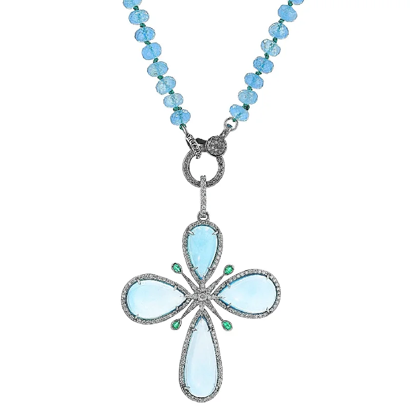 Personalized Pendant Necklaces-Aquamarine Emerald & Diamond Star Cross Pendant Necklace - 32"  N0003508