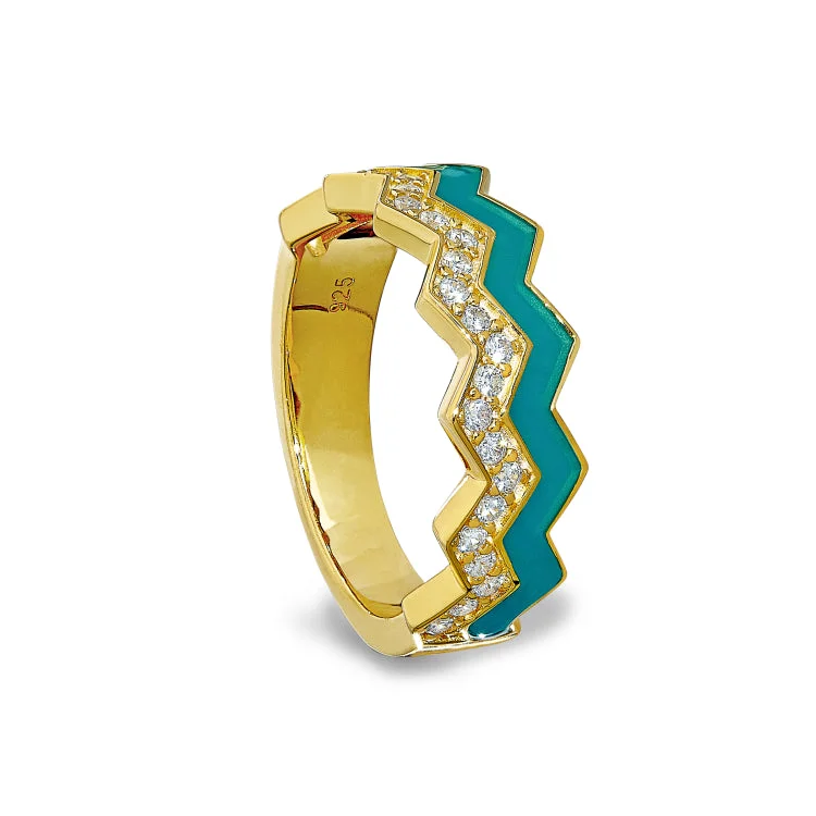 Unique Wedding Rings-Gold Vermeil Sterling Silver Micropave Ring with with Turquoise Enamel and Simulated Diamondss