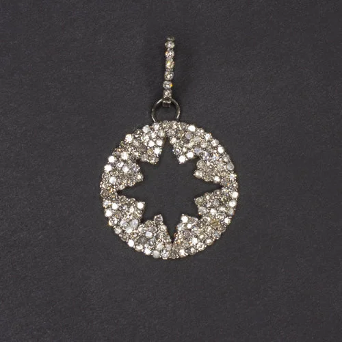 Star Necklaces-NATURAL 3/4 CARAT DIAMOND PAVE STAR PENDANT CIRCLE OPEN STARBURST ROUND NECKLACE