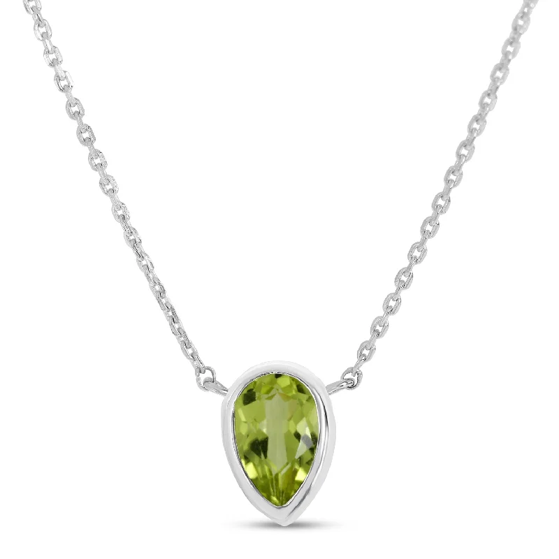 Handmade Necklaces-14K White Gold Pear Peridot Birthstone Necklace P4334W-18-AUG