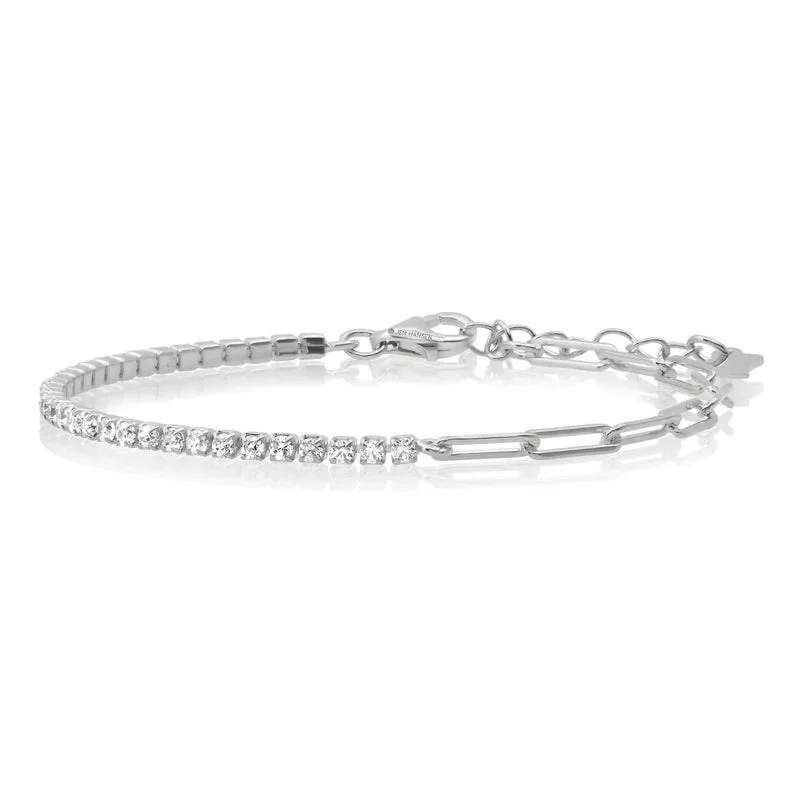 Charm Bracelets-HALF & HALF PAPERCLIP CZ TENNIS BRACELET, SILVER