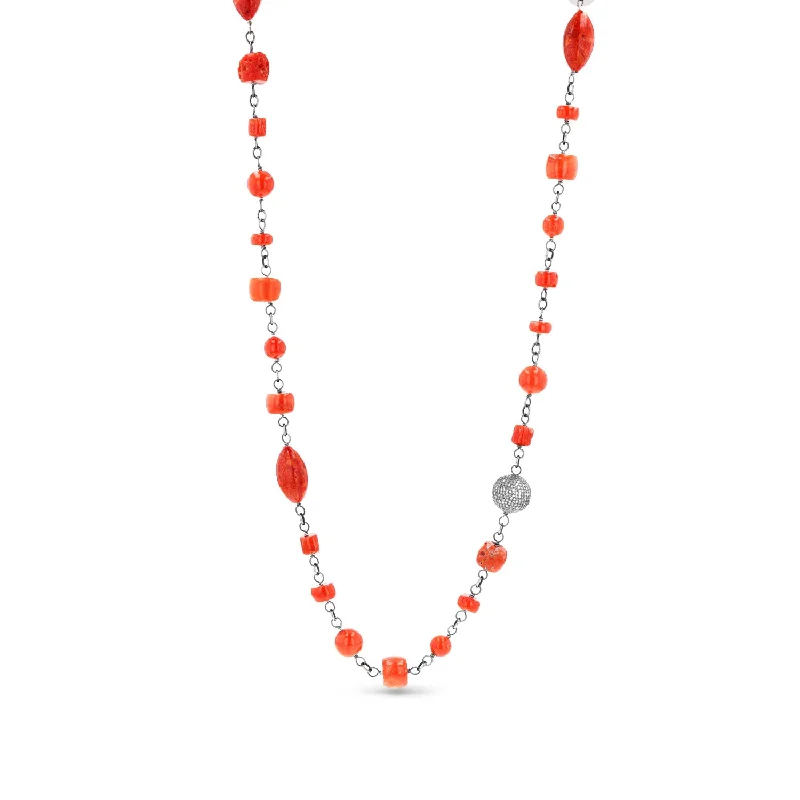 Charm Necklaces-Mediterranean Red Coral Gemstone Rope Necklace N0002709