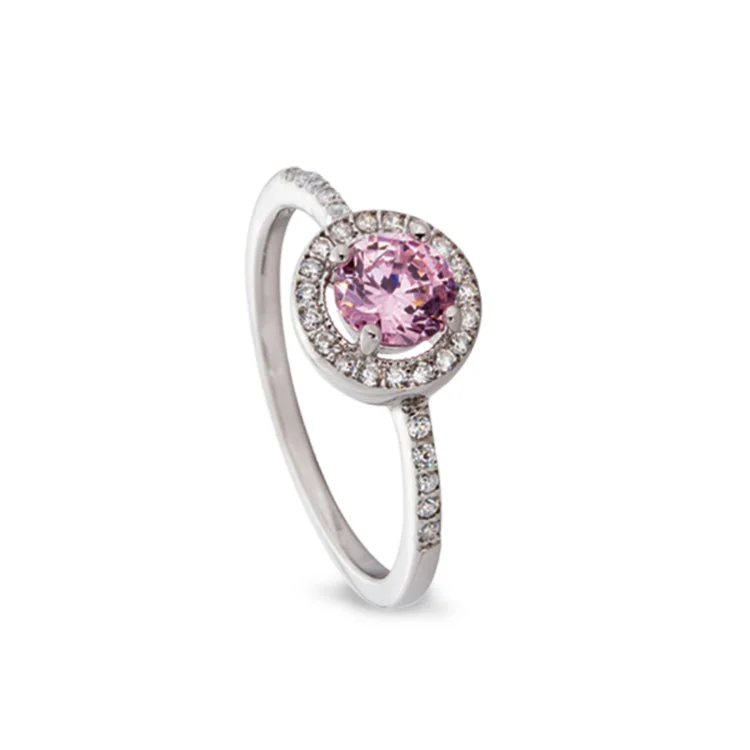 Stackable Wedding Bands-Platinum Finish Sterling Silver Micropave Simulated Pink Sapphire Ring with Simulated Diamonds