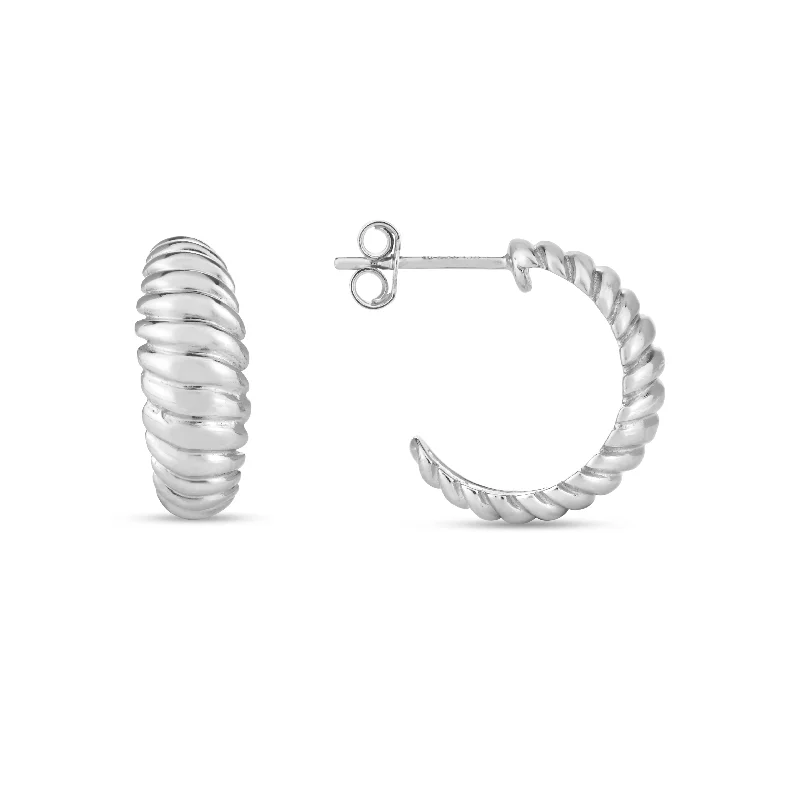 Simple Dangle Drop Earrings-Silver Small Ribbed Hoops