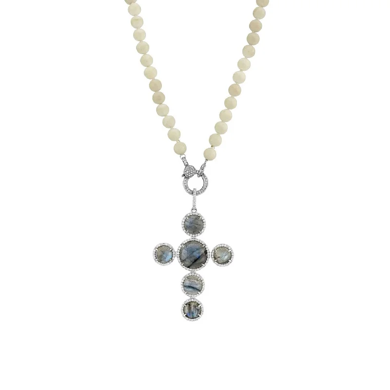 Short Necklaces-White Coral Knotted Necklace With Cross Pendant  N0001743