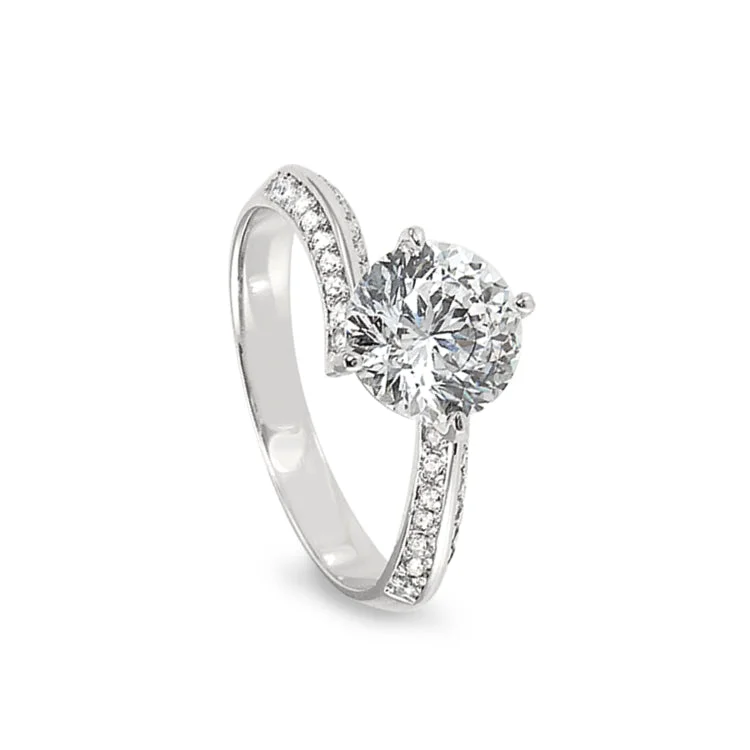 Unique Diamond Engagement Rings-Platinum Finish Sterling Silver Micropave Twisted Band Engagement Ring with 100 Facet Simulated Daimond