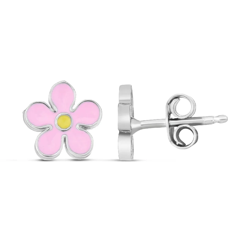 Gold and Silver Earrings-Silver Enamel Pink Flower Studs