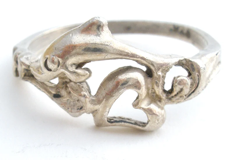 Luxury Diamond Rings-Dolphin Heart Ring In Sterling Silver Size 8