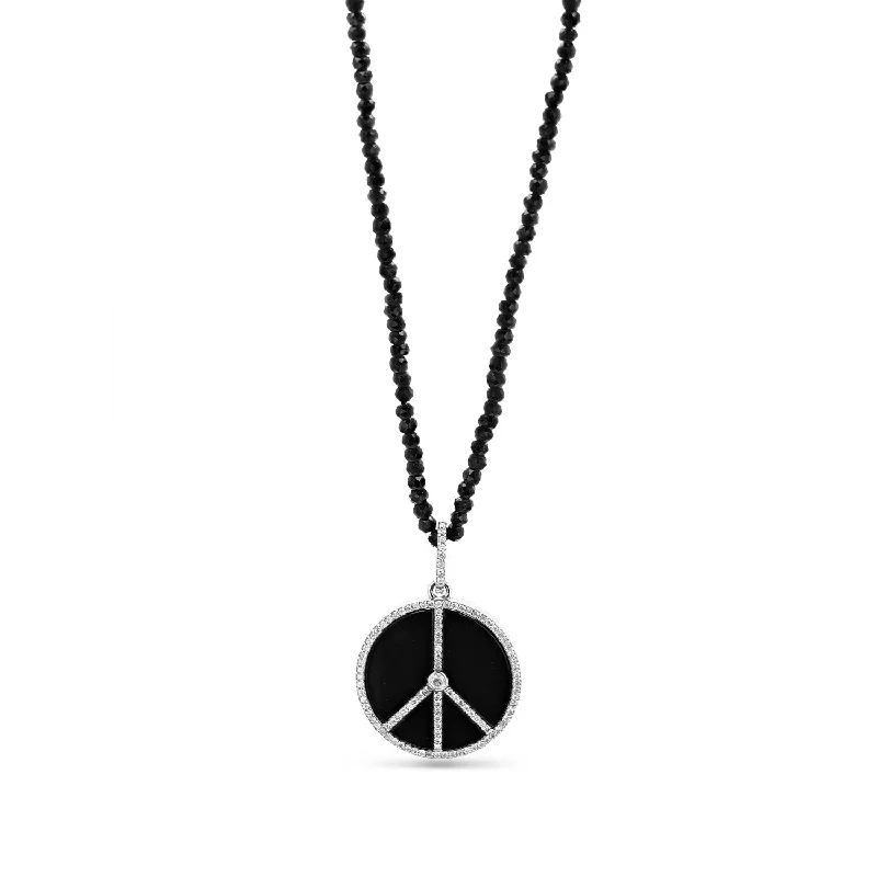 Luxury Gold Pendant Necklaces-Black Onyx & Diamond Peace Sign Pendant on Spinel Necklace - 34"  N0003161