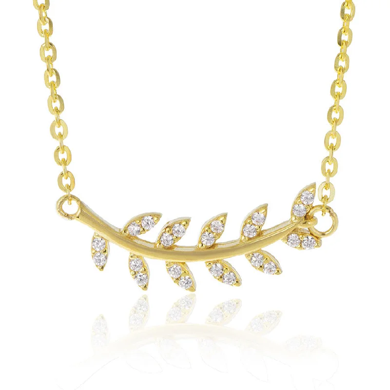 Floral Necklaces-14k Yellow Gold Diamond Leaf Necklace