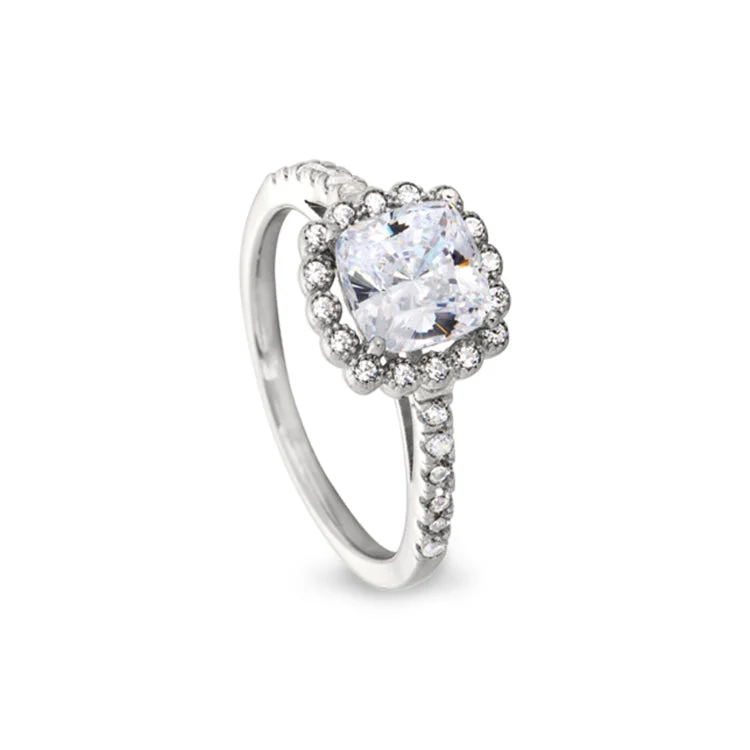 Affordable Engagement Rings-Platinum Finish Sterling Silver Cushion Cut Ring with 28 Simulated Diamonds