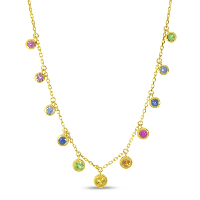 Retro Necklaces-14K Yellow Gold Bezel Set Dangling Rainbow Sapphires Necklace P4549-18