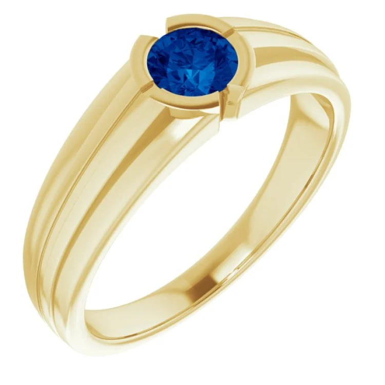 Couples Matching Rings-14K Yellow Lab-Grown Blue Sapphire Ring