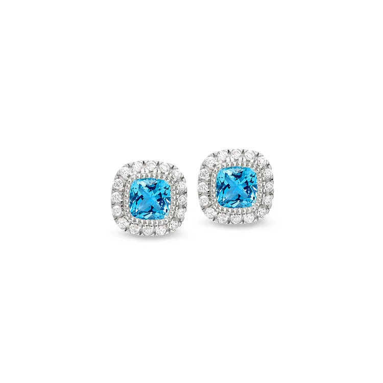 Luxury Silver Earrings-Platinum Finish Sterling Silver Micropave Simulated Blue Zircon Earrings with Simulated Diamonds