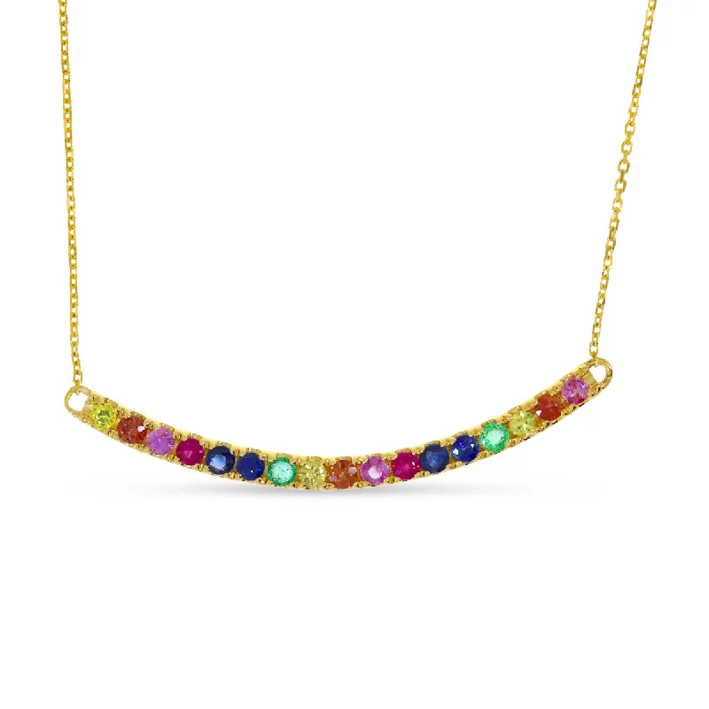 Geometric Silver Necklaces-RAINBOW SAPPHIRE CURVED BAR NECKLACE P4239-18