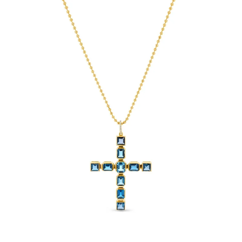 Retro Necklaces-14k Gold and Blue Topaz Statement Cross Pendant Necklace SNG00164