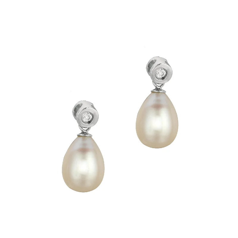 Geometric Earrings-Silver Freshwater Pearl and Bezel Set CZ Drop Earrings