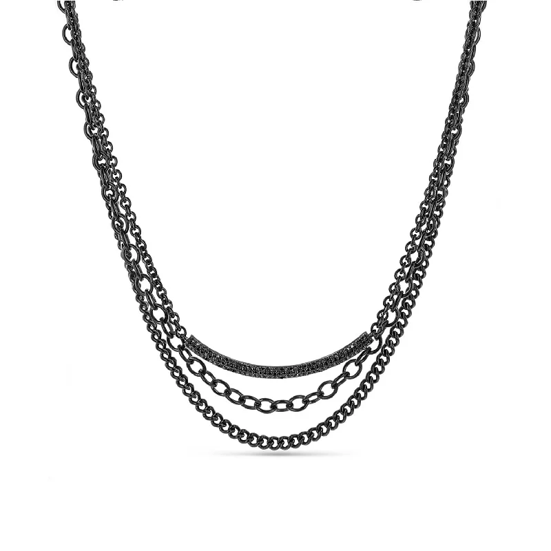 Stylish Silver Necklaces-Black Diamond Smile Bar Triple Chain Necklace NBLK0044