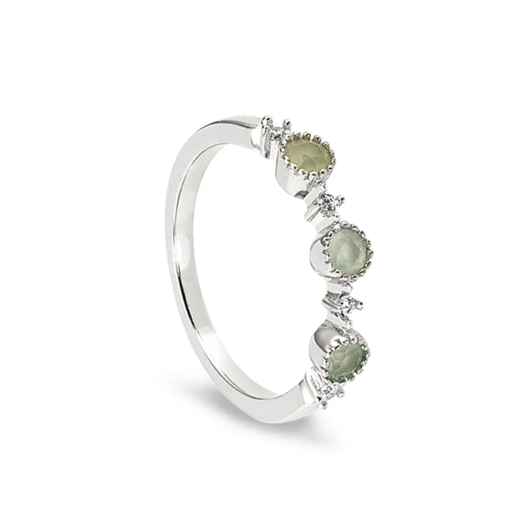 Custom Designed Rings-Platinum Finish Sterling Silver Green 3 Stone Ring with Simulated Diamonds