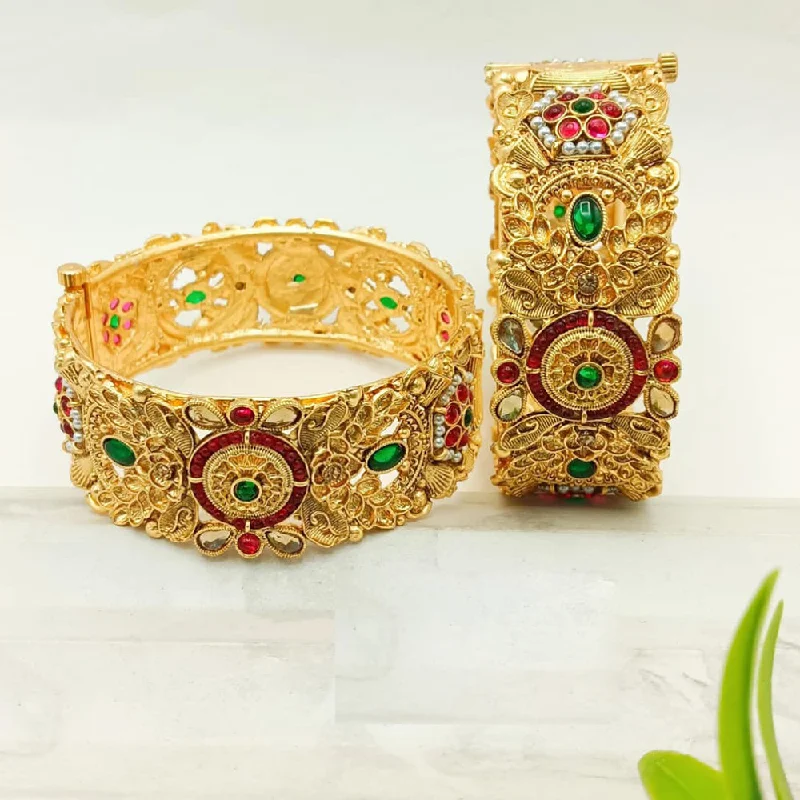 Bangles With Simple Engravings-FS Collection Gold Plated Pota Stone And Pearls Openable Bangle Set