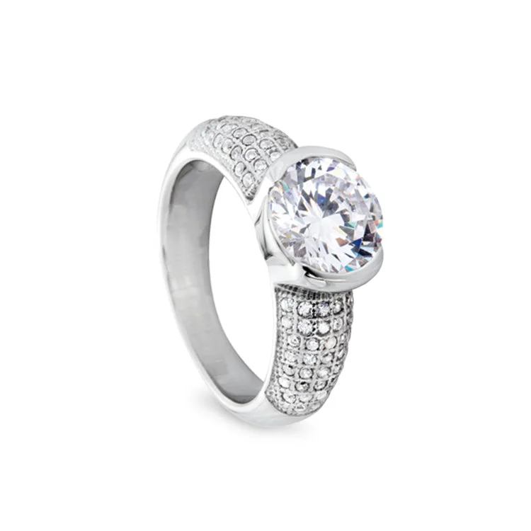 Classic Diamond Engagement Rings-Platinum Finish Sterling Silver Micropave Round Ring with 77 Simulated Diamonds