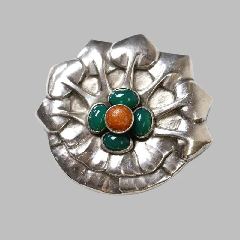 Flower Brooch For Wedding-Georg Jensen Jewelry | Amber Chrysoprase Art Nouveau Silver Vintage Brooch 64