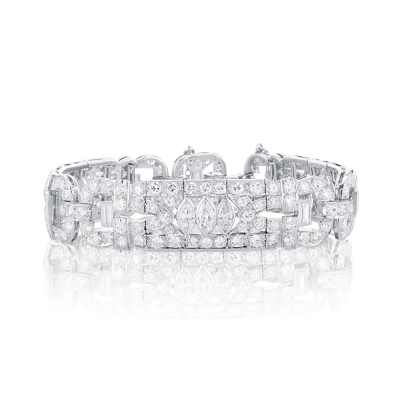 Stainless Steel Bracelets-11.00 Carat Marquise and Baguette Diamond Art-Deco Bracelet set in Platinum