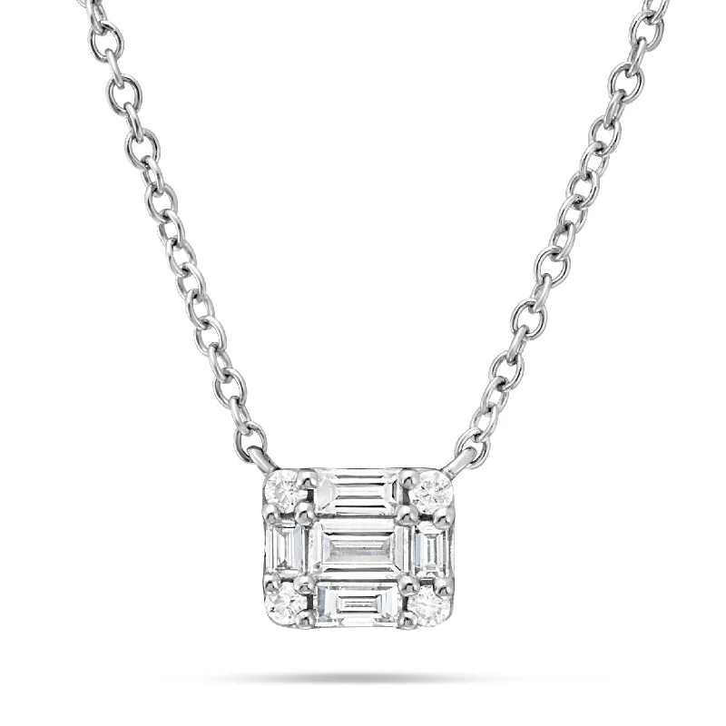 Long Chain Necklaces-18K White Gold 0.30ct Baguette Diamond Rectangle Necklace