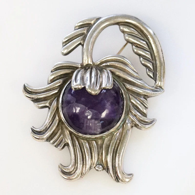 Birthday Brooch-Vintage Los Castillo Taxco Silver Mexican Jewelry | Mid Century Amethyst and Silver Brooch