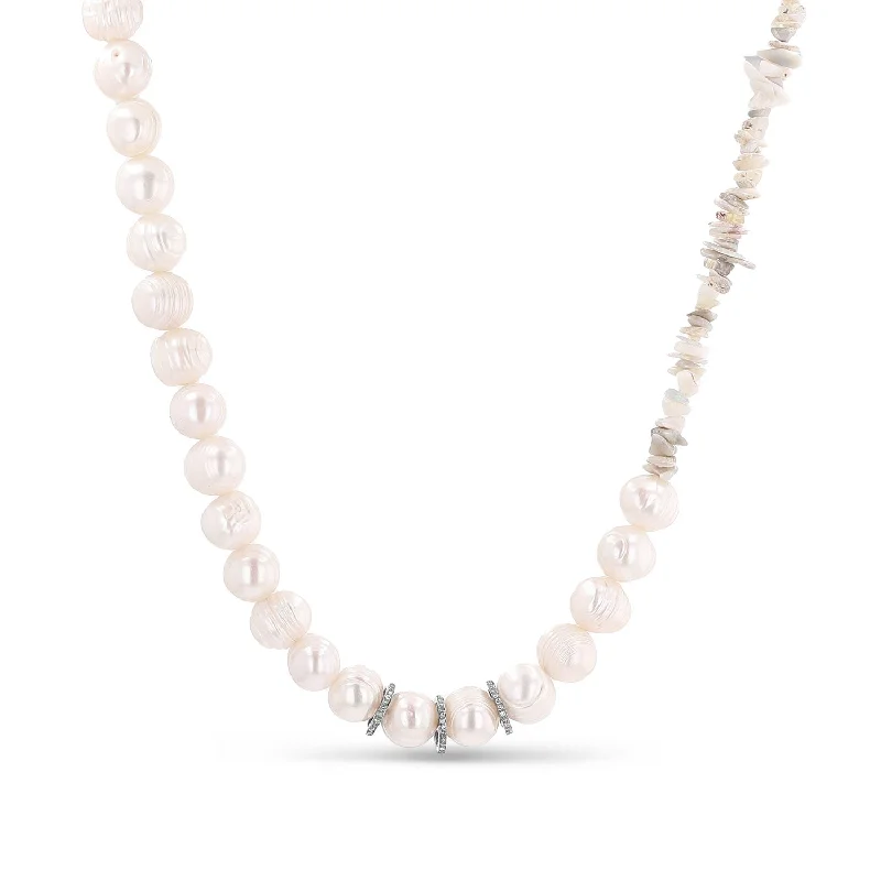 Adjustable Necklaces-Pearl Bead & Australian Opal Chip Necklace with Three Diamond Rondelles - 18"  N0003432