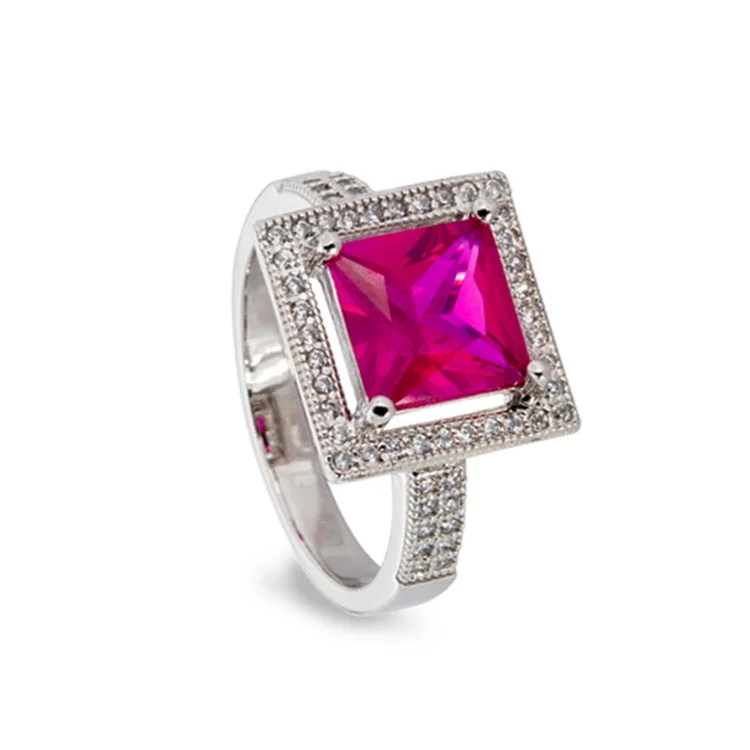 Custom Wedding Bands-Platinum Finish Sterling Silver Micropave Simulated Ruby Princess Cut Ring with 57 Simulated Diamonds