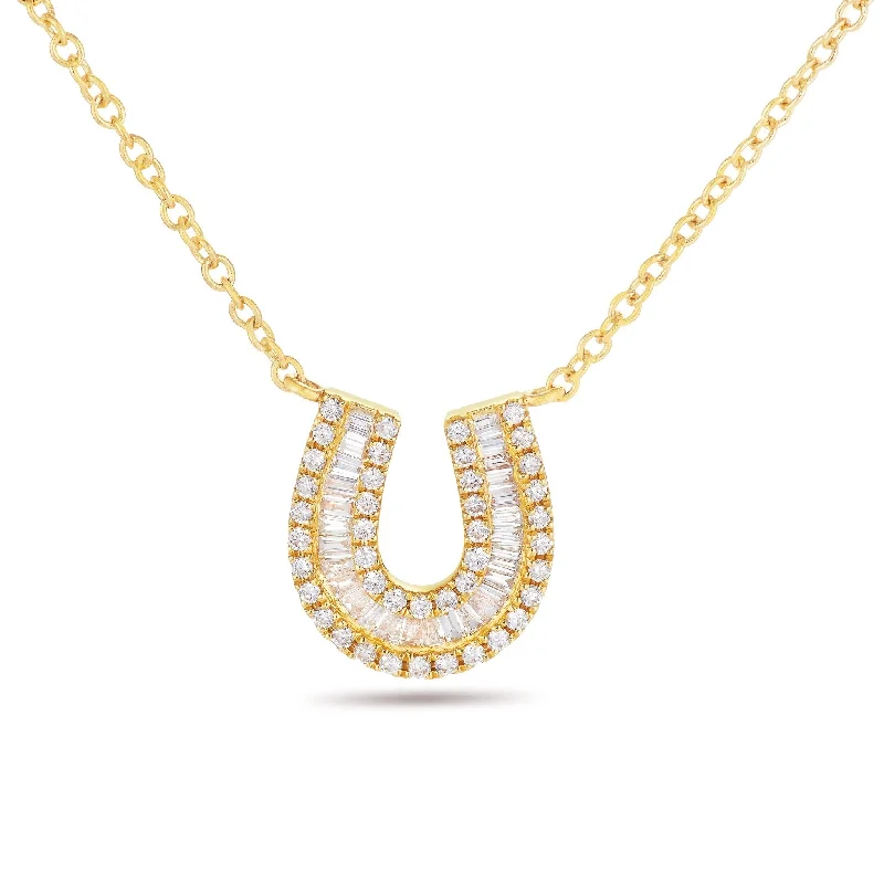 Geometric Pendant Necklaces-18K Gold 0.32ct Baguette Horseshoe Diamond Necklace