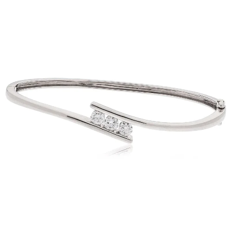 Bangles For Students-DIAMOND THREE-STONE CROSS OVER BANGLE IN 18K WHITE GOLD