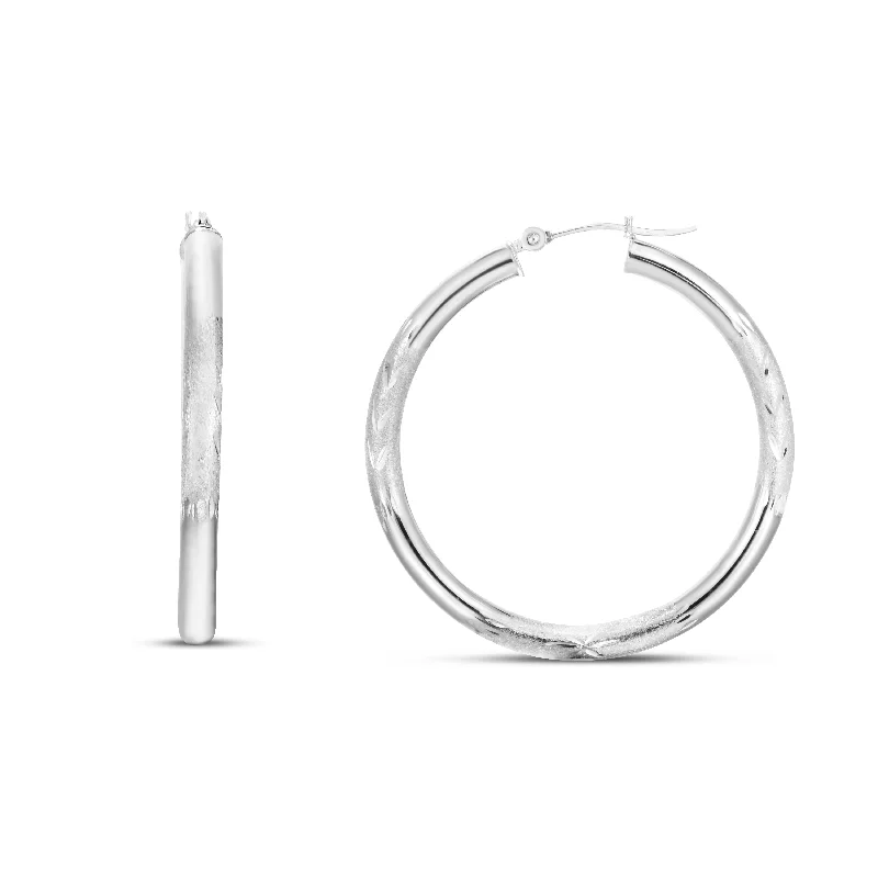 Customizable Gold Earrings-14K White Gold 3mm Diamond Cut & Polished Design Hoop Earring