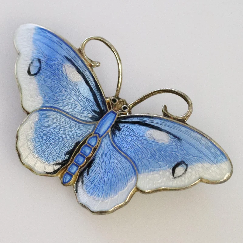 Brooch For Holiday Gifts-Vintage Hroar Prydz Enamel Jewelry | Blue and White Guilloche Enamel Butterfly Brooch