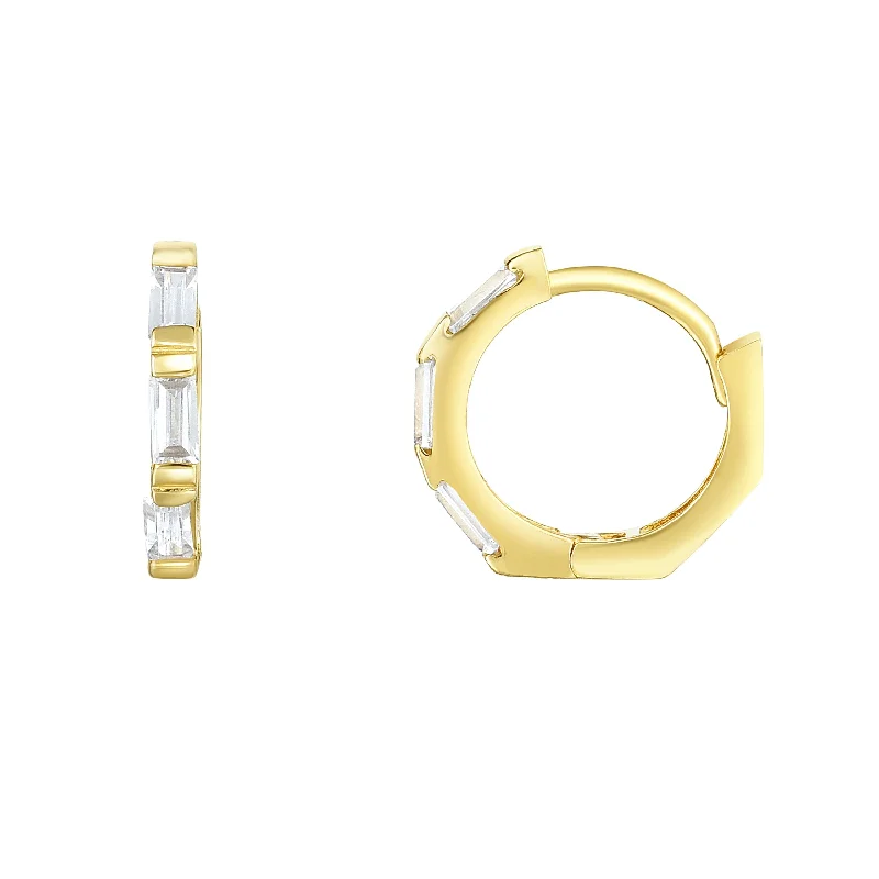 Elegant Ear Studs-14K Gold CZ Baguette Huggie Earring