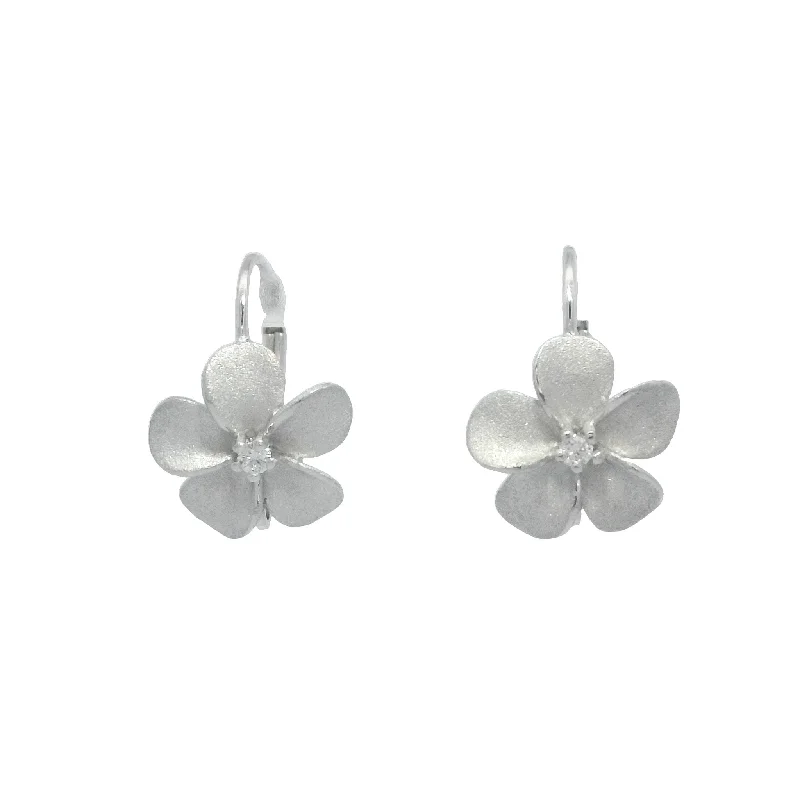 Bold Diamond Earrings-Plumeria Leverback Earrings in White Gold