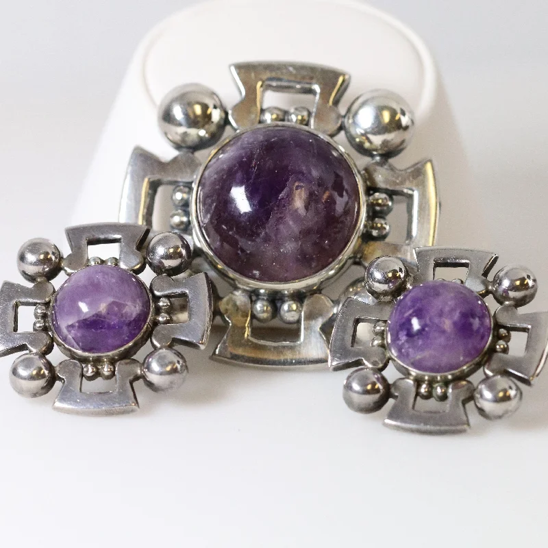 Brooch For Formal Wear-Vintage Fred Davis Taxco Jewelry | Bold Amethyst Brooch and Earring Set