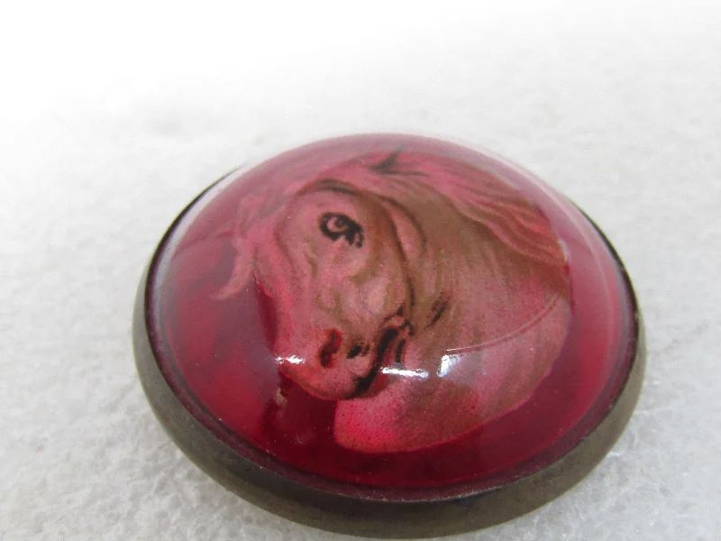 Handcrafted Brooch With Vintage Feel-Vintage  Red Glass Horse Bridal Rosette Button Brooch, 1920's-1930's